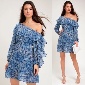 Lulu’s Blue Chiffon Ruffle One Shoulder Dress